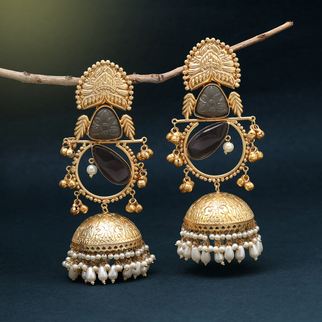 Grey Color Handmade In Jaipur On Brass Metal With Natural Carving & Monalisa Stones Amrapali Earrings (AMPE440GRY) - Preyans.com