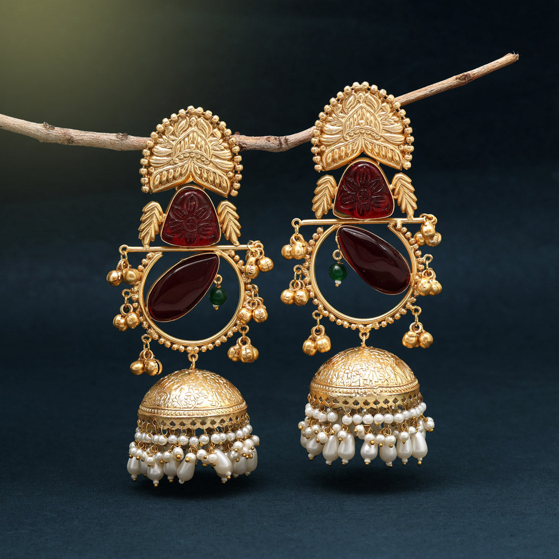 Maroon Color Handmade In Jaipur On Brass Metal With Natural Carving & Monalisa Stones Amrapali Earrings (AMPE440MRN) - Preyans.com