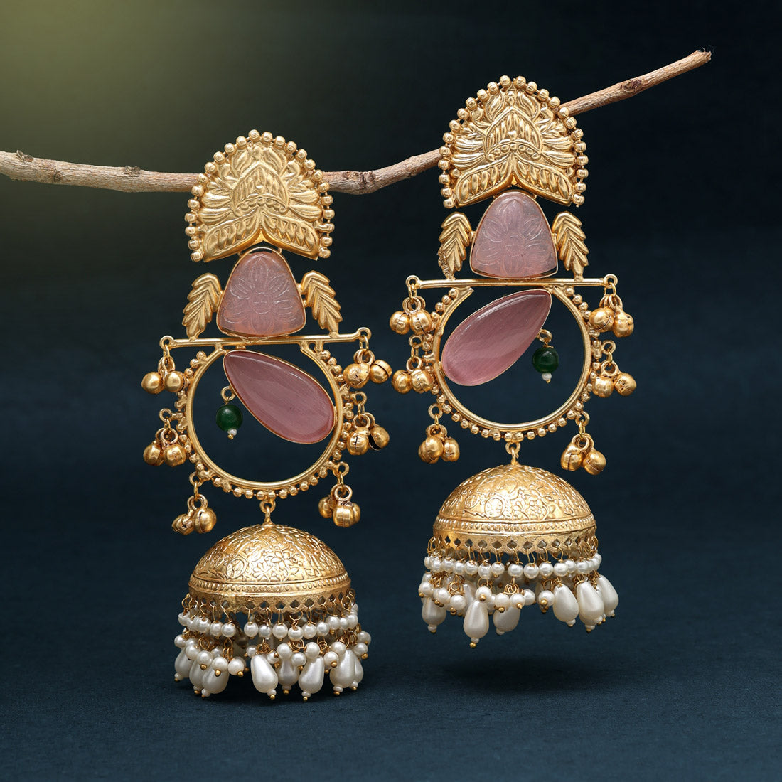 Pink Color Handmade In Jaipur On Brass Metal With Natural Carving & Monalisa Stones Amrapali Earrings (AMPE440PNK) - Preyans.com