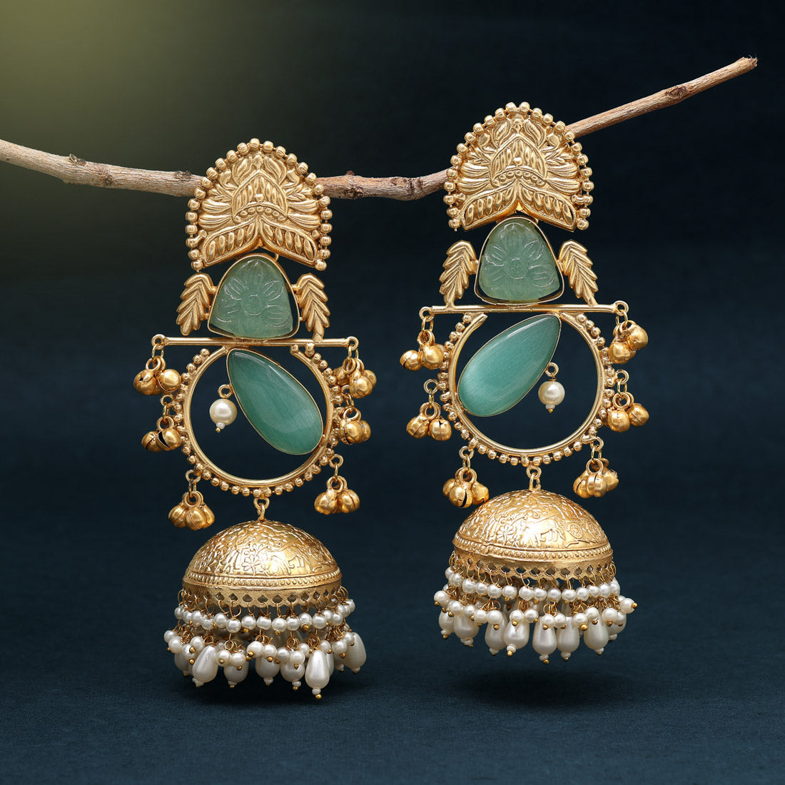 Rama Green Color Handmade In Jaipur On Brass Metal With Natural Carving & Monalisa Stones Amrapali Earrings (AMPE440RGRN) - Preyans.com