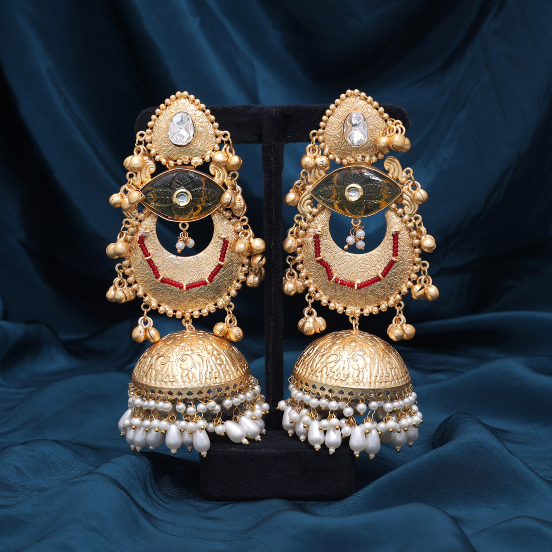 Gold Color Handmade In Jaipur On Brass Metal With Carving Stone Amrapali Earrings (AMPE441GLD) - Preyans.com