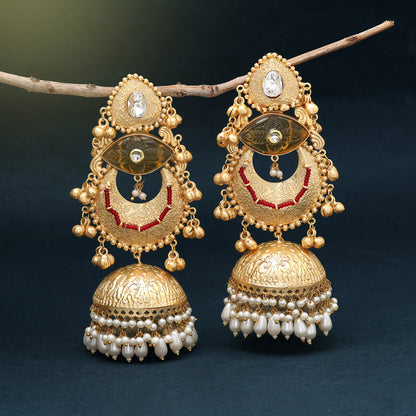 Gold Color Handmade In Jaipur On Brass Metal With Carving Stone Amrapali Earrings (AMPE441GLD) - Preyans.com