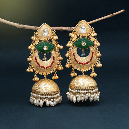 Green Color Handmade In Jaipur On Brass Metal With Carving Stone Amrapali Earrings (AMPE441GRN) - Preyans.com