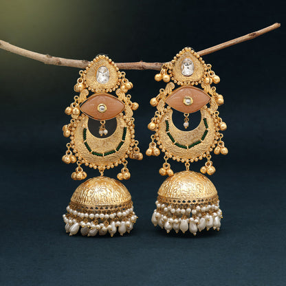 Peach Color Handmade In Jaipur On Brass Metal With Carving Stone Amrapali Earrings (AMPE441PCH) - Preyans.com