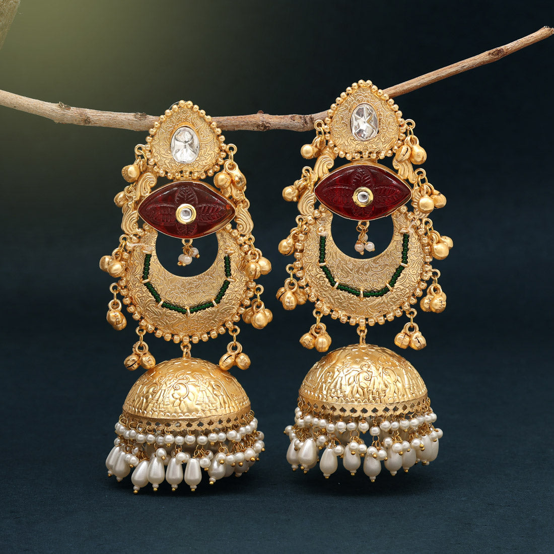 Red Color Handmade In Jaipur On Brass Metal With Carving Stone Amrapali Earrings (AMPE441RED) - Preyans.com