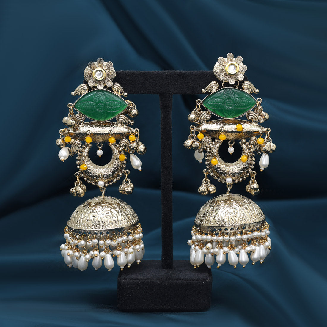 Green Color Handmade In Jaipur On Brass Metal With Carving Stone Amrapali Earrings (AMPE445GRN) - Preyans.com