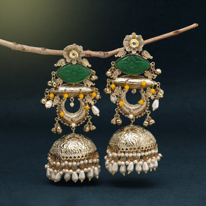 Green Color Handmade In Jaipur On Brass Metal With Carving Stone Amrapali Earrings (AMPE445GRN) - Preyans.com