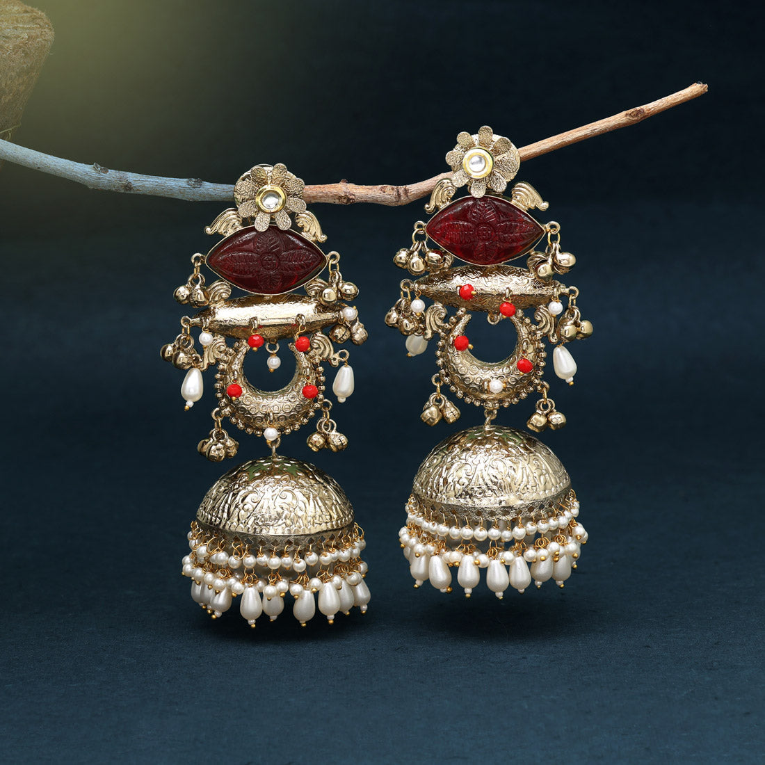 Maroon Color Handmade In Jaipur On Brass Metal With Carving Stone Amrapali Earrings (AMPE445MRN) - Preyans.com