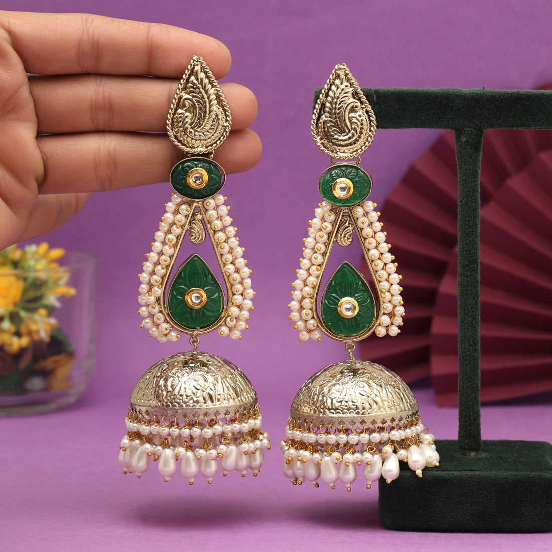 Green Color Big Size Jhumka Amrapali Earrings (AMPE452GRN) - Preyans.com