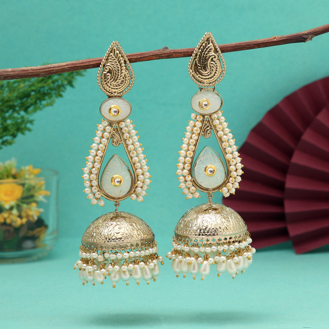 Off White Color Big Size Jhumka Amrapali Earrings (AMPE452OWHT) - Preyans.com