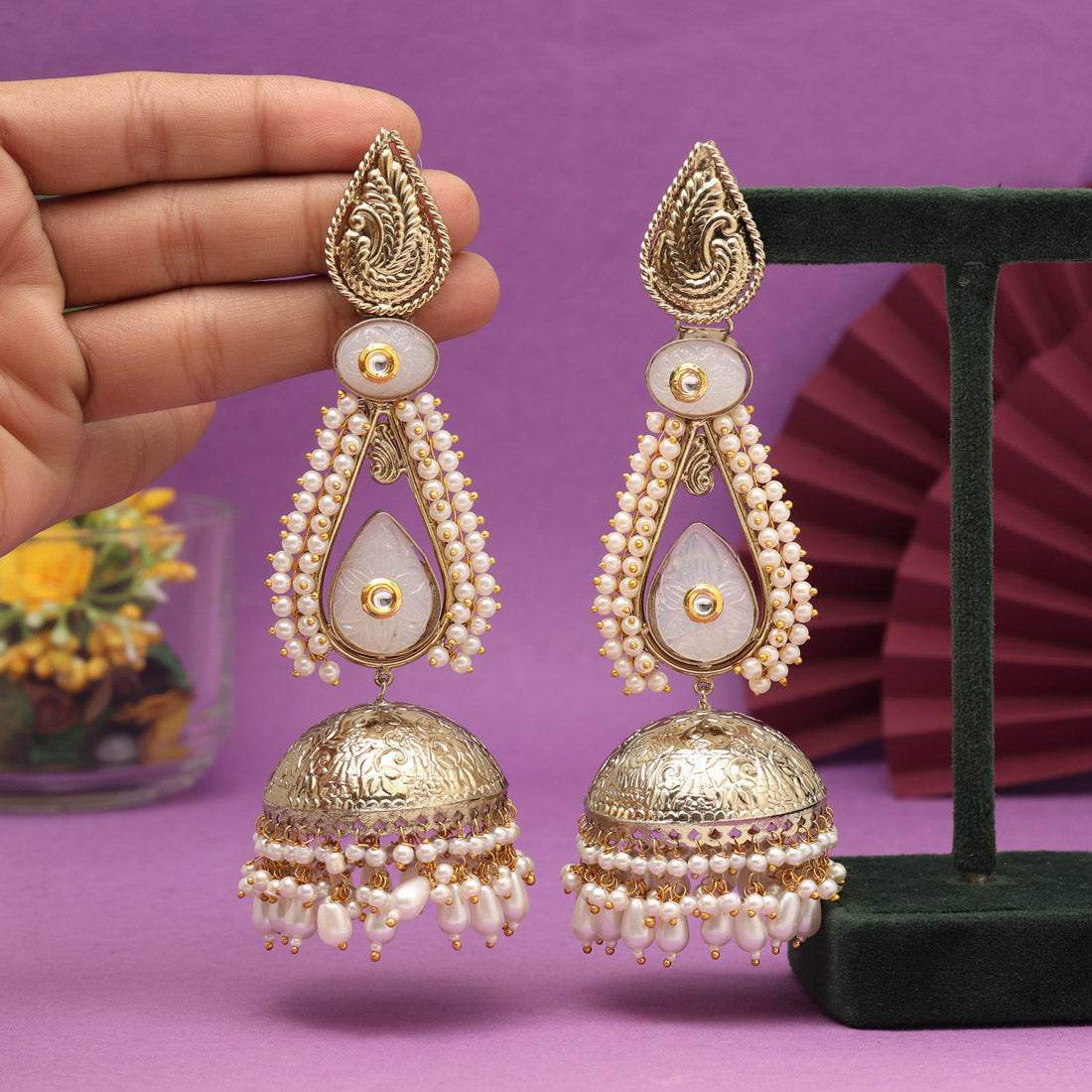 Off White Color Big Size Jhumka Amrapali Earrings (AMPE452OWHT) - Preyans.com