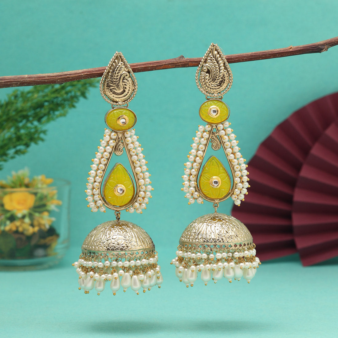 Yellow Color Big Size Jhumka Amrapali Earrings (AMPE452YLW) - Preyans.com