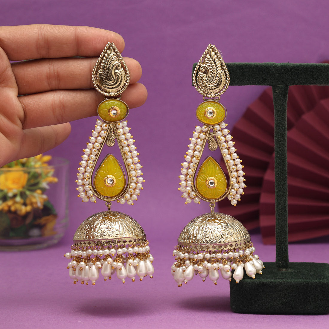 Yellow Color Big Size Jhumka Amrapali Earrings (AMPE452YLW) - Preyans.com