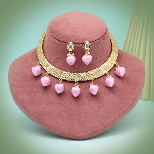 Pink Color Handmade In Jaipur On Brass Metal With Tumble Stones & Apala Polish Necklaces (AMPN156PNK) - Preyans.com