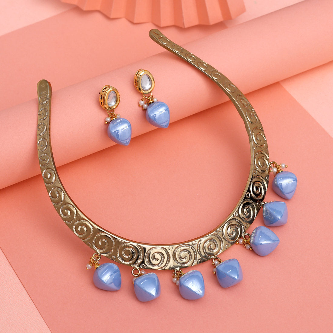 Sky Blue Color Handmade In Jaipur On Brass Metal With Tumble Stones & Apala Polish Necklaces (AMPN156SBLU) - Preyans.com