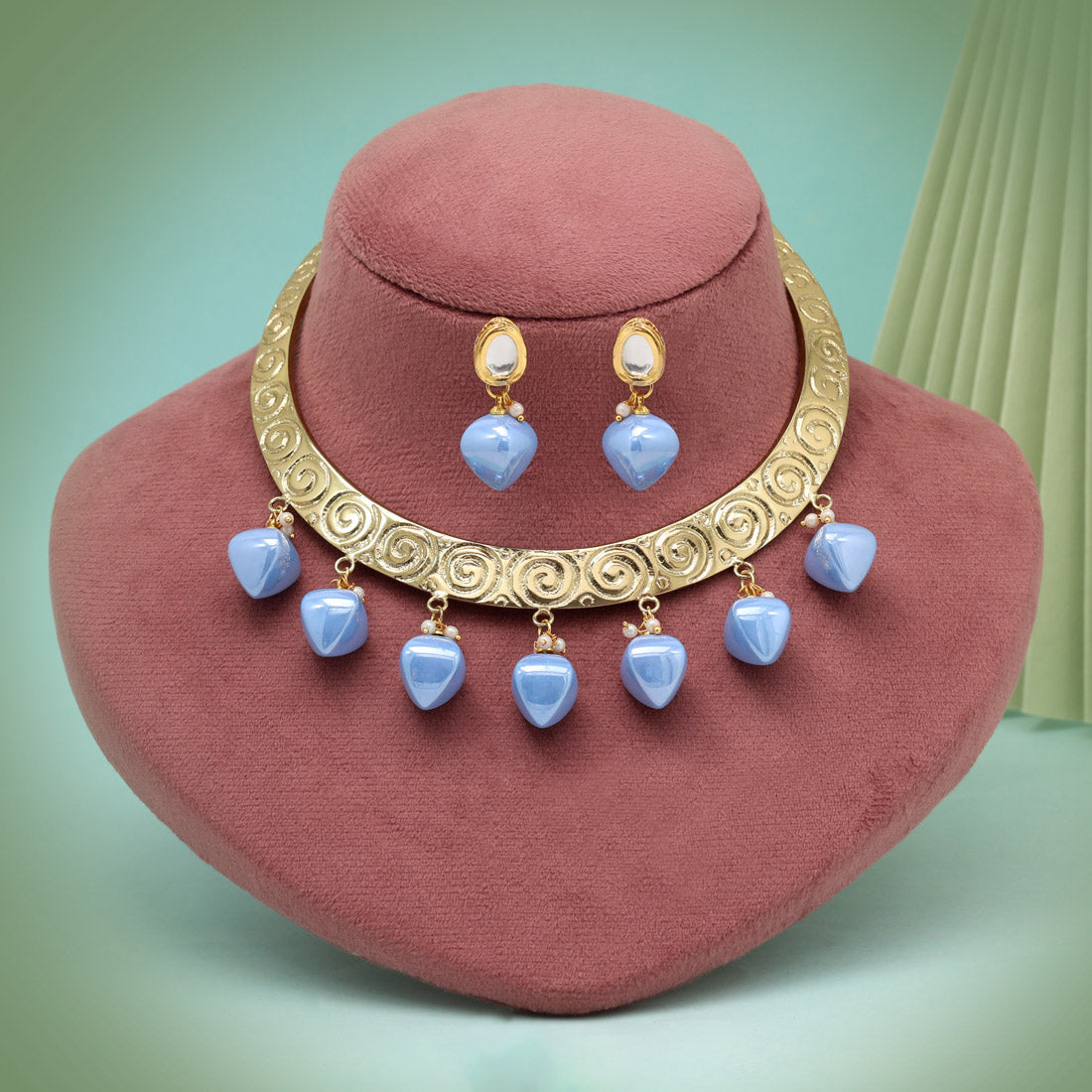 Sky Blue Color Handmade In Jaipur On Brass Metal With Tumble Stones & Apala Polish Necklaces (AMPN156SBLU) - Preyans.com