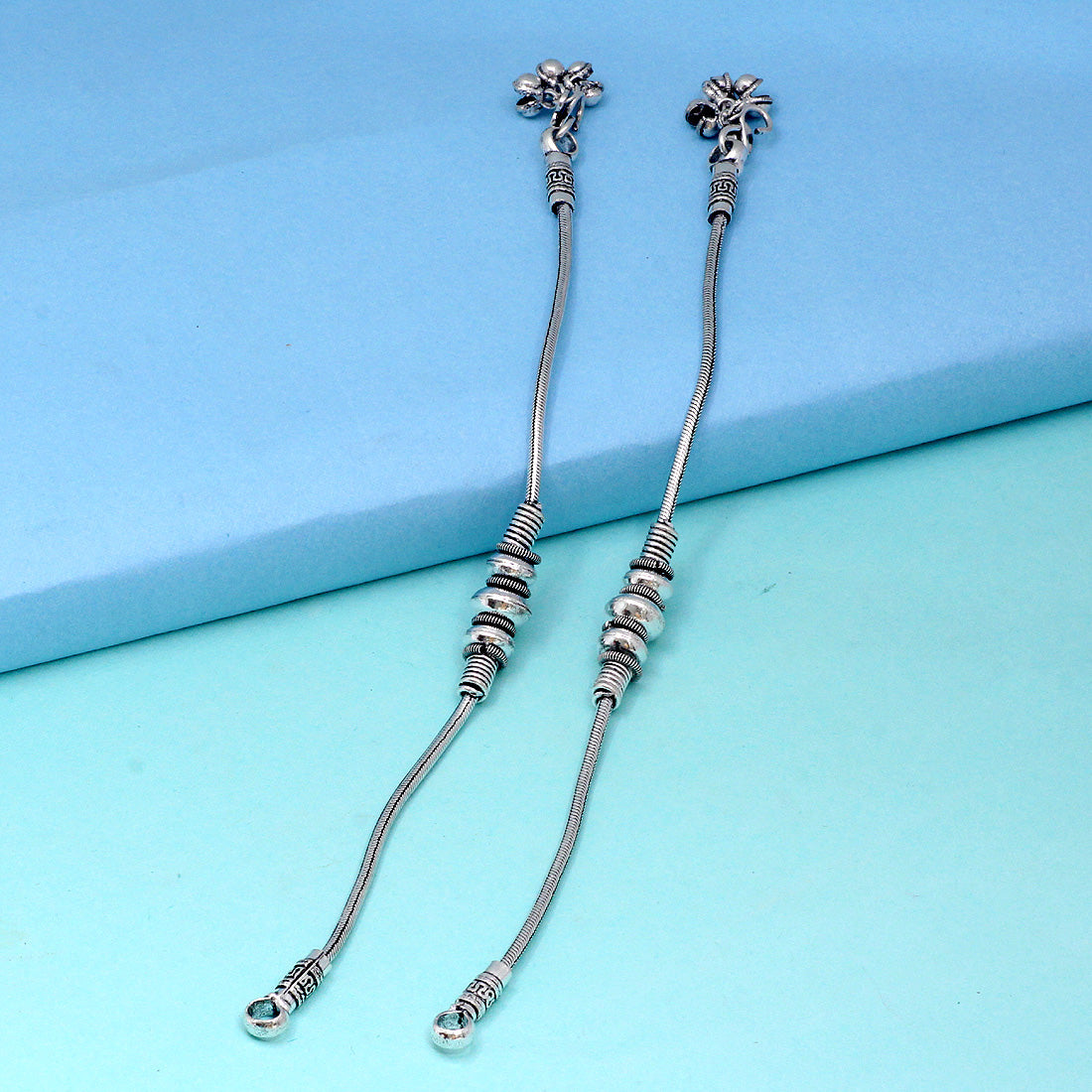 Silver Color Metallic Beads Traditional Look Oxidised Anklets (ANK63SLV) - Preyans.com