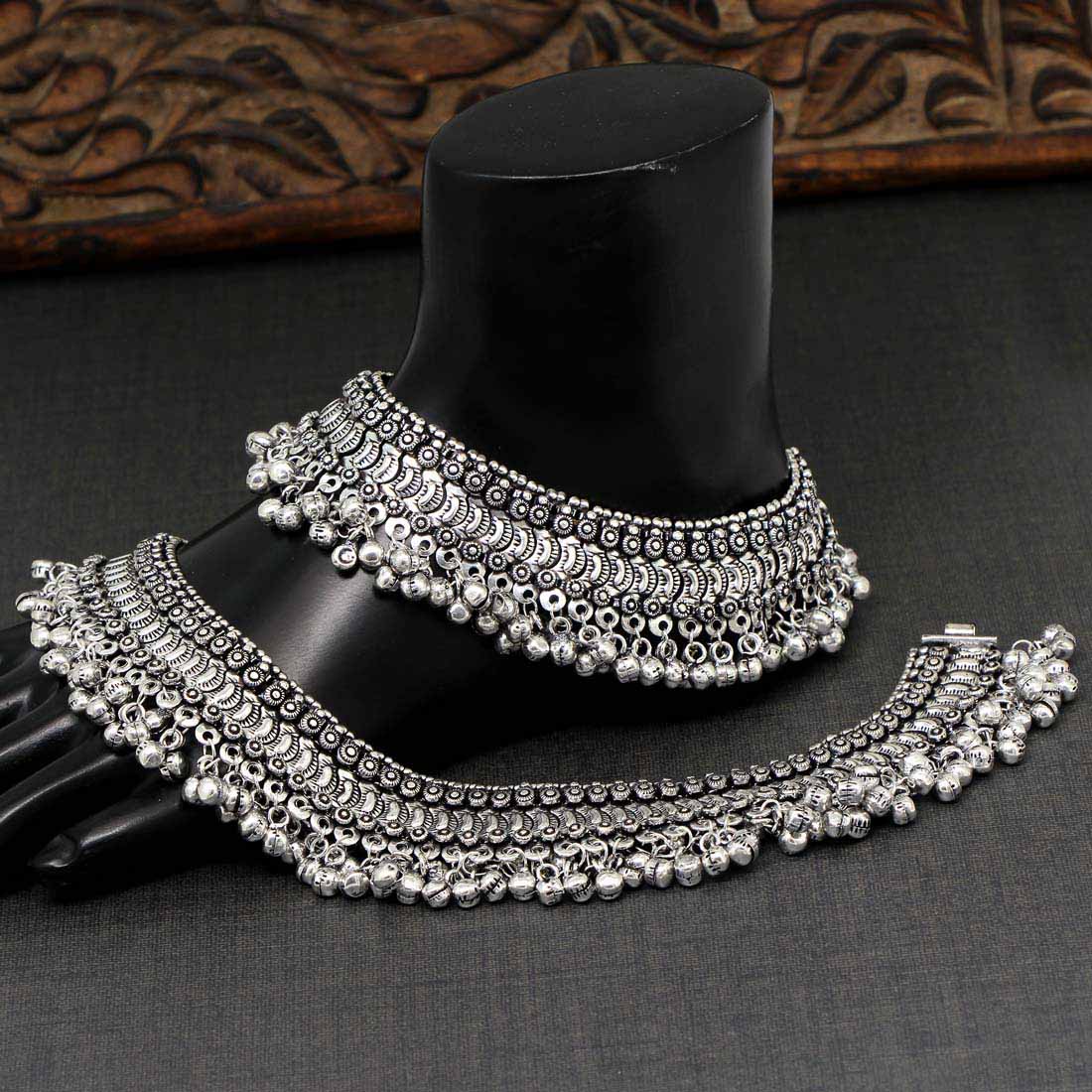 Silver Color Oxidised Anklets (ANK654SLV) - preyans.com