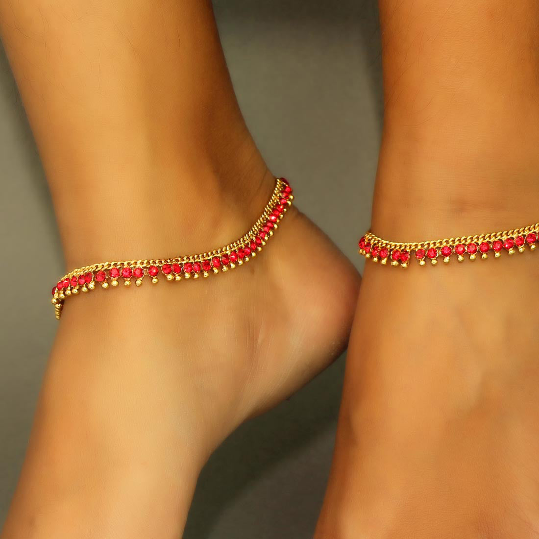 Red Color Rhinestone Anklets (ANK732RED) - preyans.com