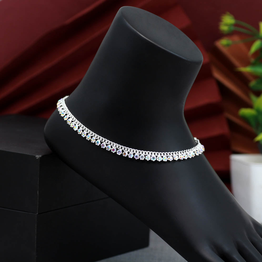 Silver Color Rhinestone Anklets (ANK903SLV) - preyans.com