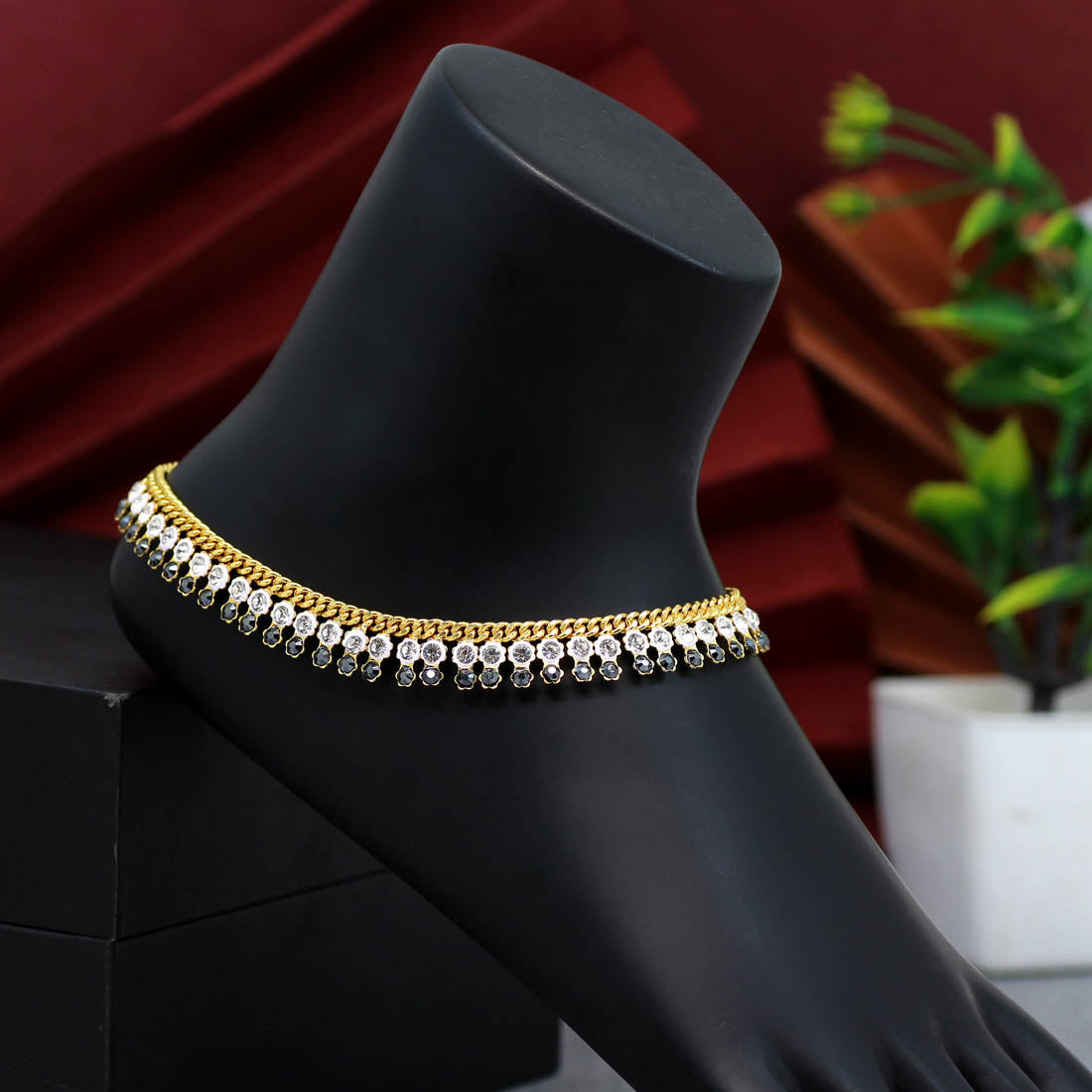 Black Color Rhinestone Anklets (ANK928BLK) - preyans.com