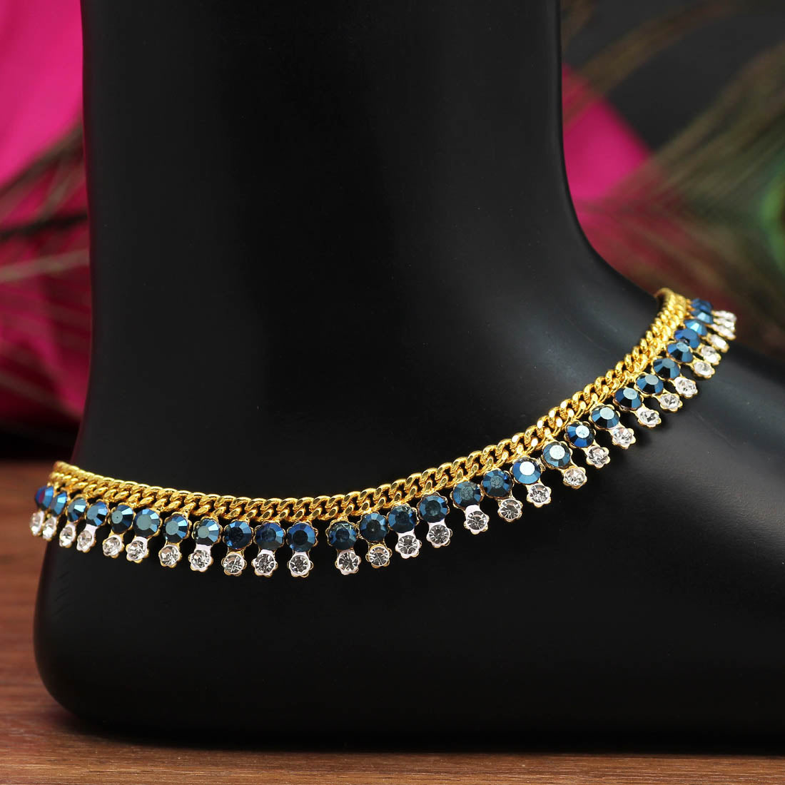 Teal Blue Color Rhinestone Anklets (ANK948TBLU) - preyans.com