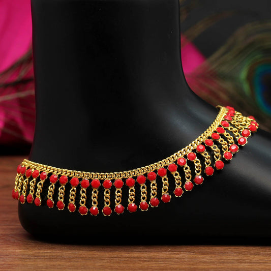 Red Color Glass Stone Anklets (ANK972RED) - preyans.com