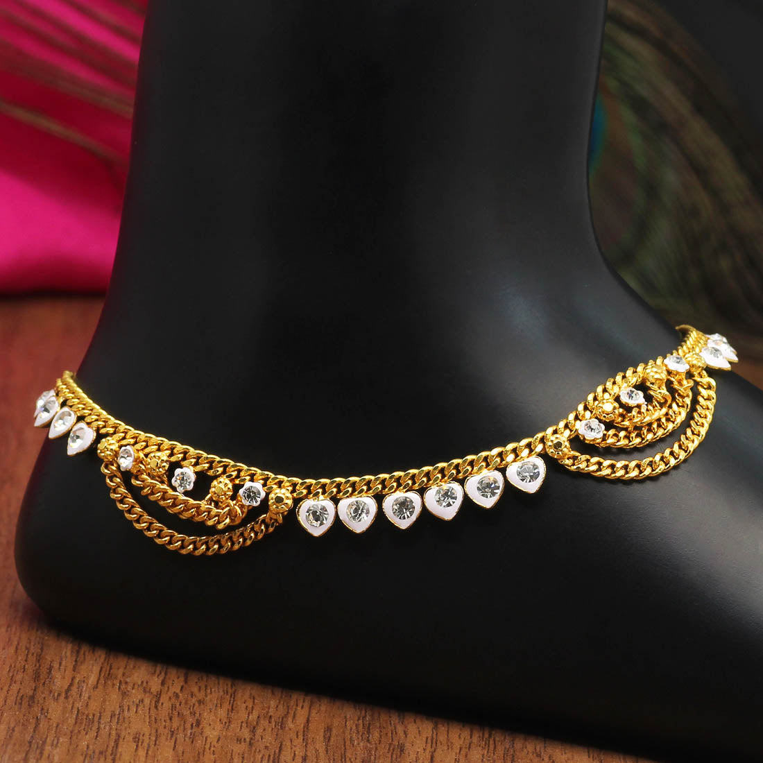 White Color Rhinestone Anklets (ANK983WHT) - preyans.com