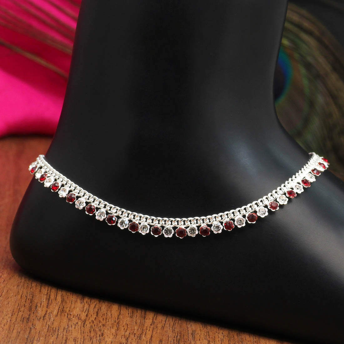 Maroon Color Rhinestone Anklets (ANK985MRN) - preyans.com