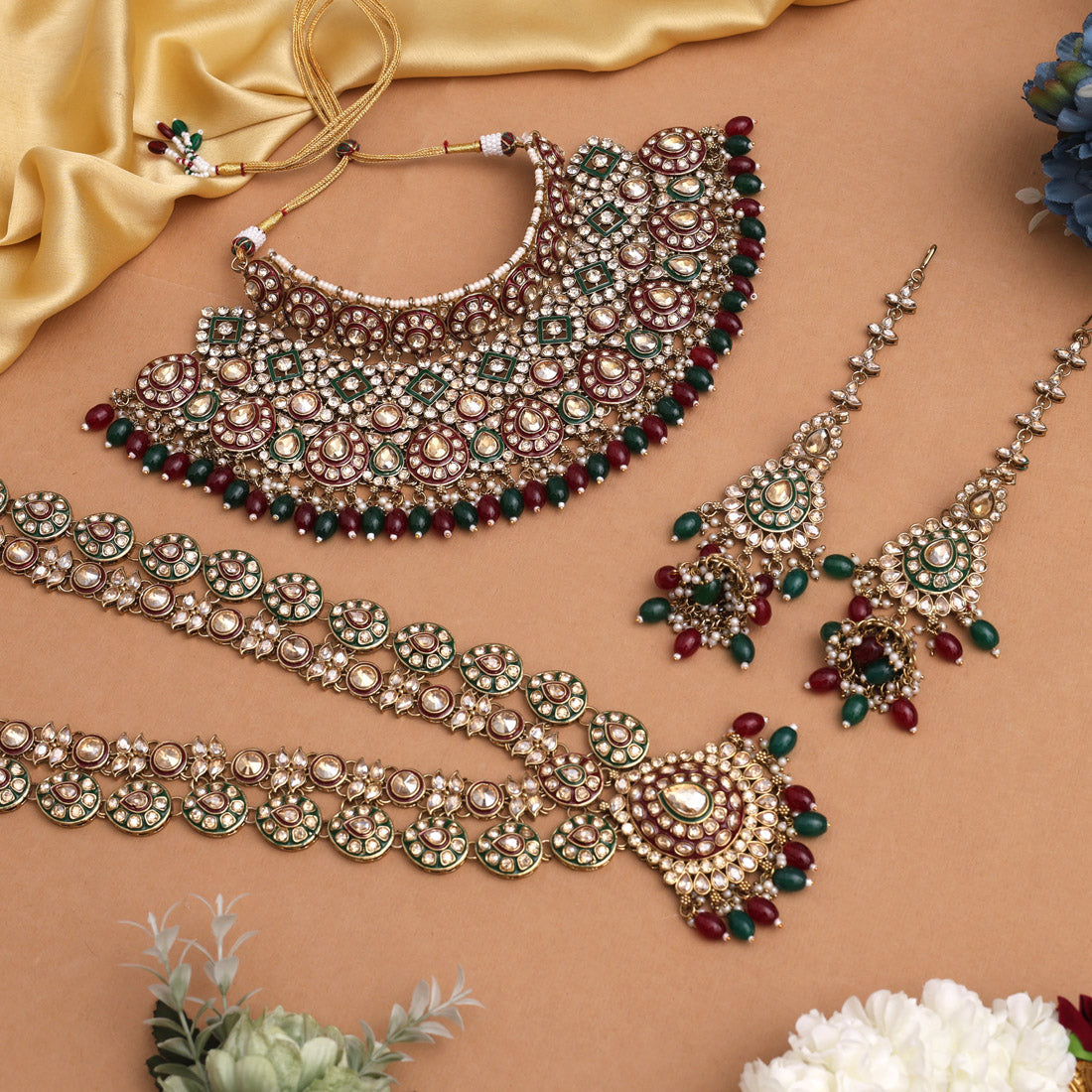 Maroon & Green Color Meena Work Kundan Dulhan Set (BDL265MG) - Preyans.com