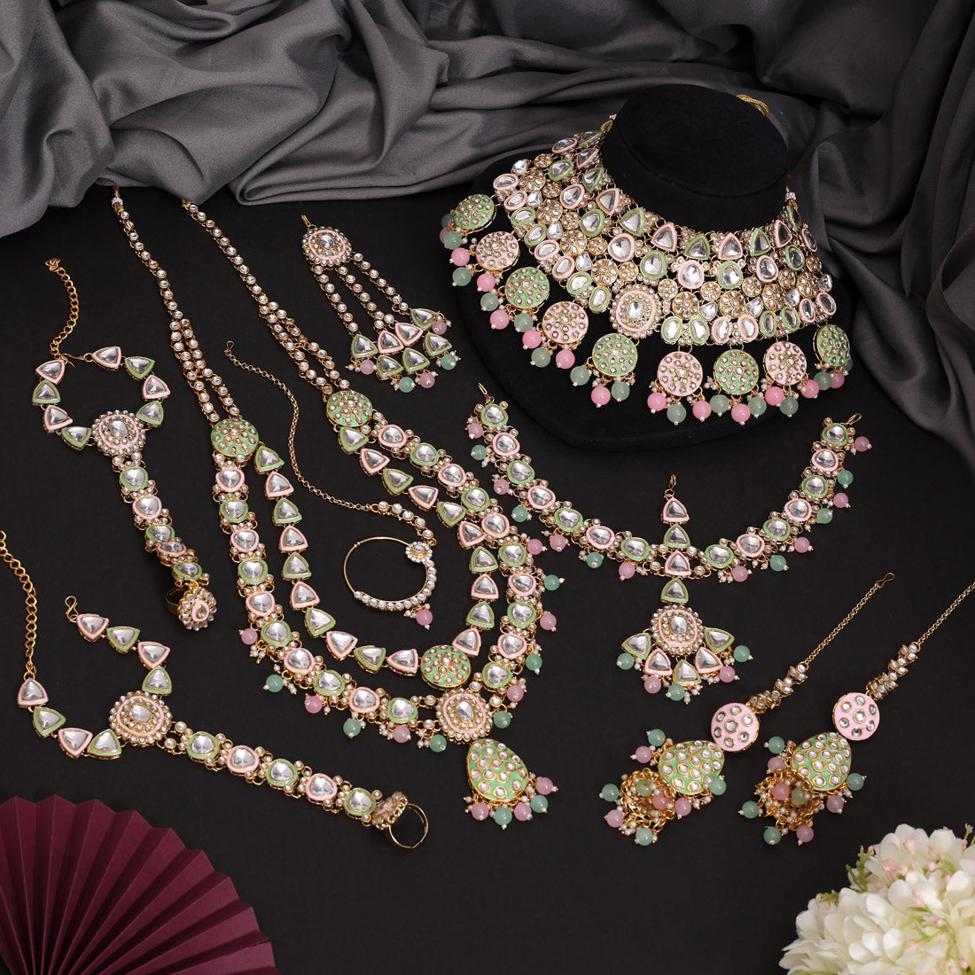 Pink & Pista Green Color Meena Work Kundan Dulhan Set (BDL277PNKPGRN) - Preyans.com