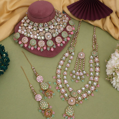 Pink & Pista Green Color Meena Work Kundan Dulhan Set (BDL277PNKPGRN) - Preyans.com