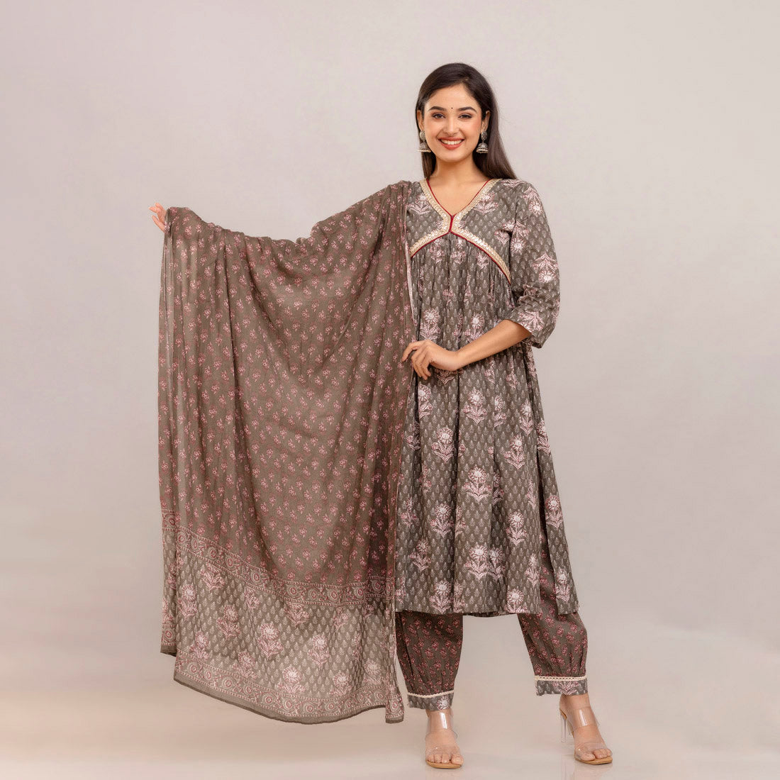 Grey Color Alia Cut Kurta Pant With Dupatta Set (CK220GRY) Grey - Preyans.com