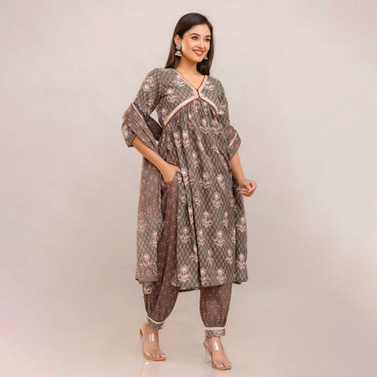 Grey Color Alia Cut Kurta Pant With Dupatta Set (CK220GRY) - Preyans.com