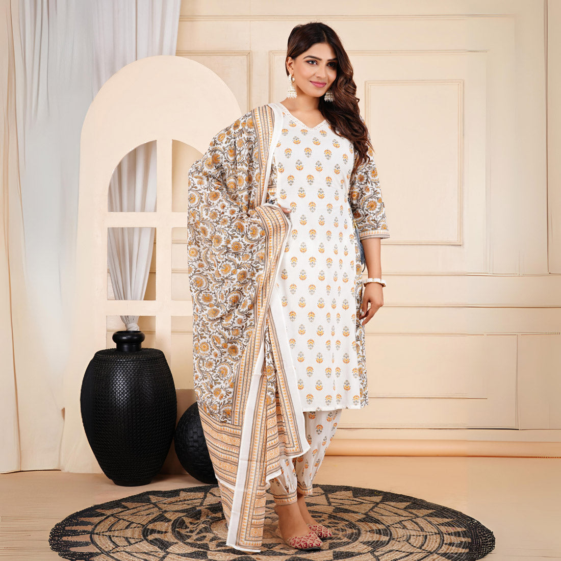 White Color Afgani Kurta Pant Set With Dupatta (CK223WHT) - Preyans.com