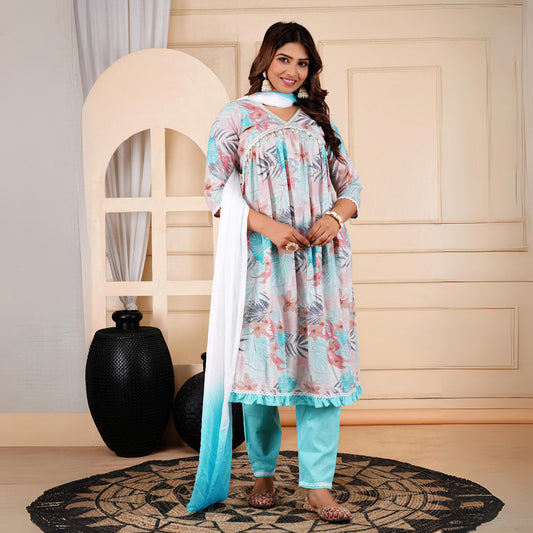 Firozi Color Alia Cut Kurta Pant With Dupatta Set (CK225FRZ) Firozi - Preyans.com