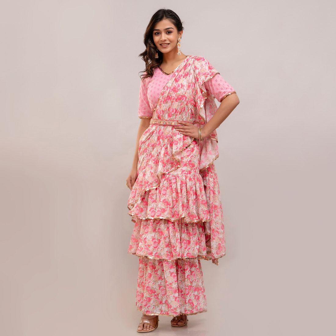 Pink Color Beautiful Ruffled Saree With Blouse & Belt (CK226PNK) - Preyans.com