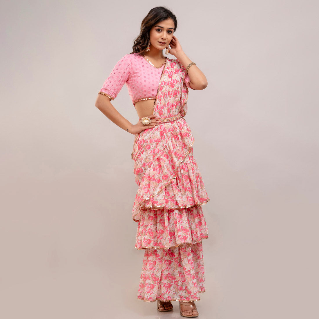 Pink Color Beautiful Ruffled Saree With Blouse & Belt (CK226PNK) - Preyans.com