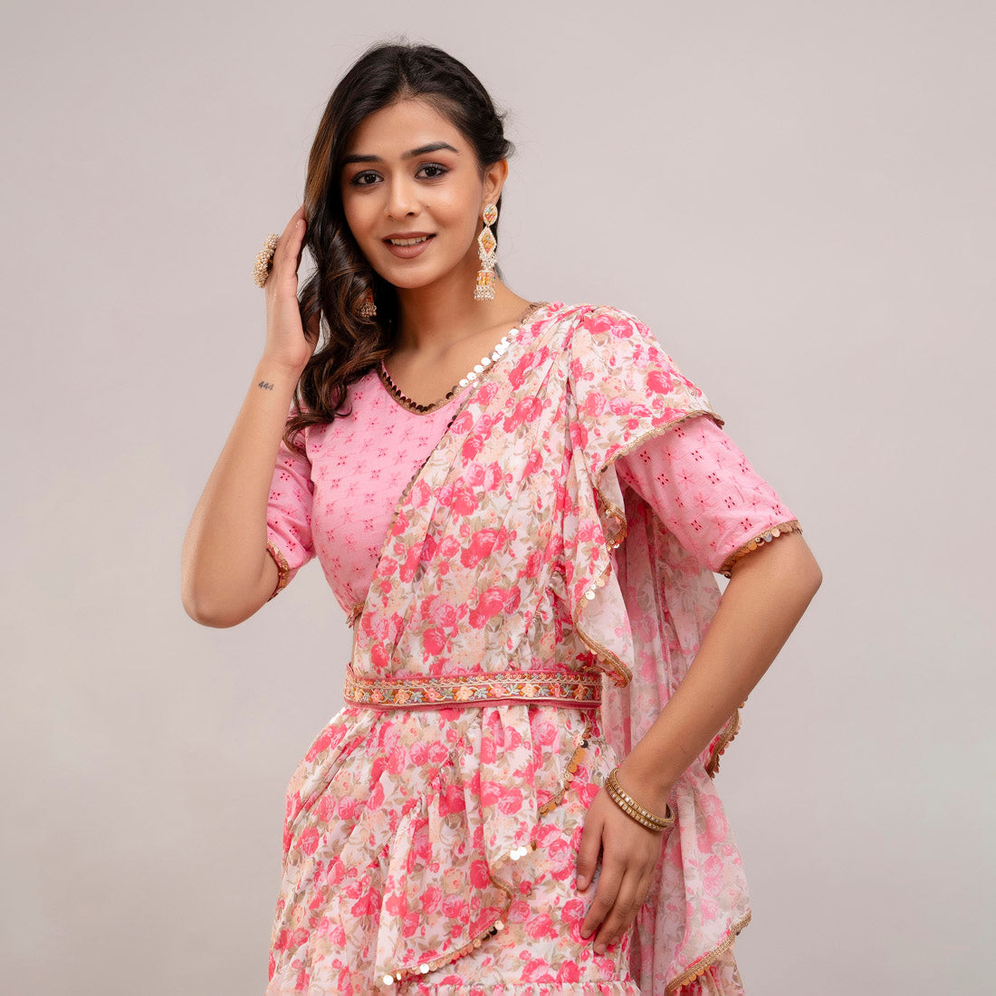 Pink Color Beautiful Ruffled Saree With Blouse & Belt (CK226PNK) - Preyans.com