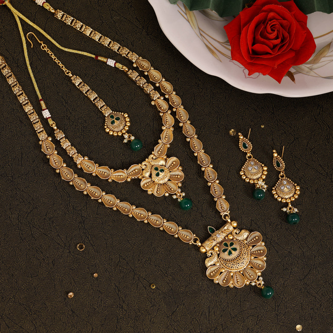 Green Color Premium Copper Necklace Set (CPRN205GRN) - preyans.com