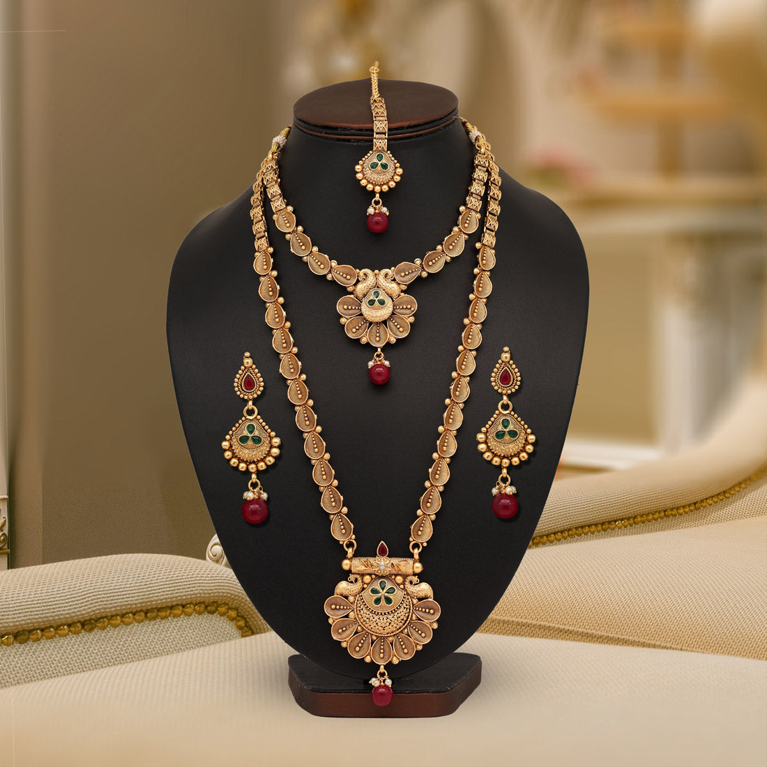 Maroon & Green Color Premium Copper Necklace Set (CPRN205MG) - preyans.com