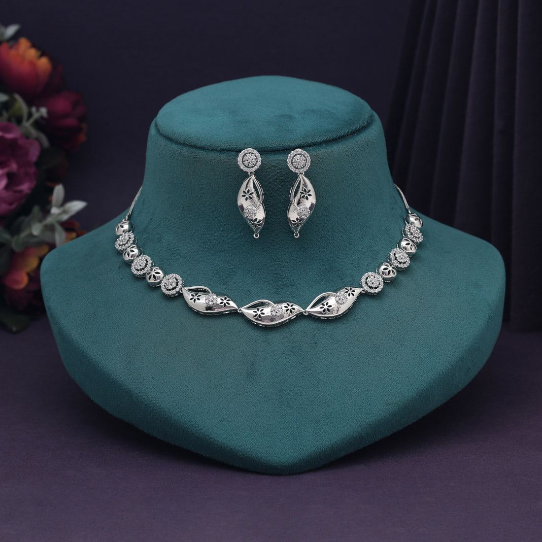 Silver Color American Diamond Necklace Set (CZN1001SLV) - preyans.com