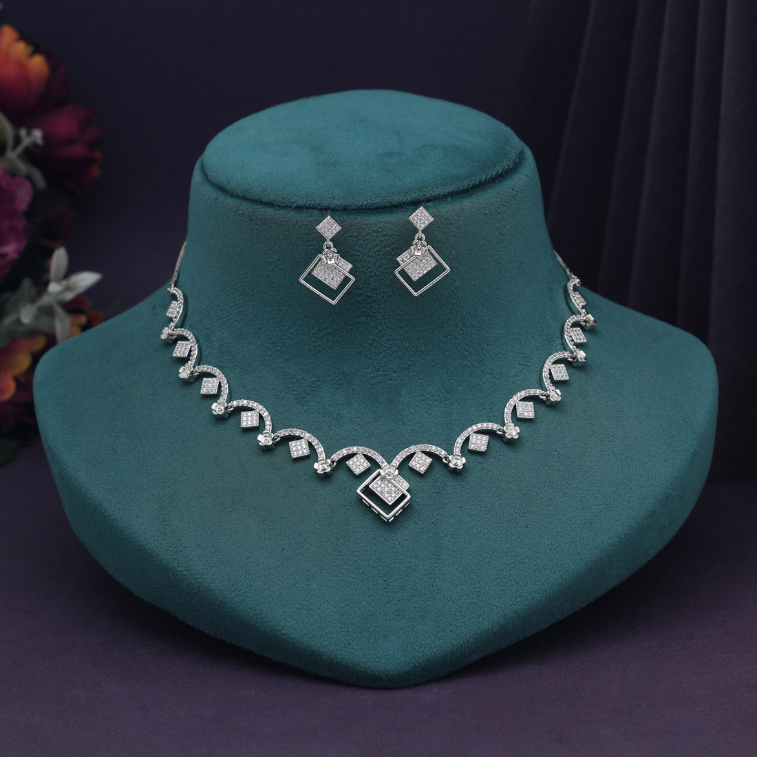 Silver Color American Diamond Necklace Set (CZN1002SLV) - preyans.com