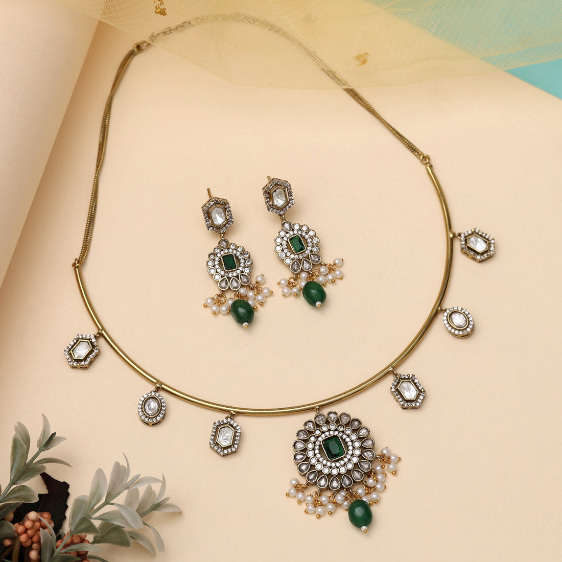 Green Color American Diamond Necklace Set (CZN1008GRN) - preyans.com