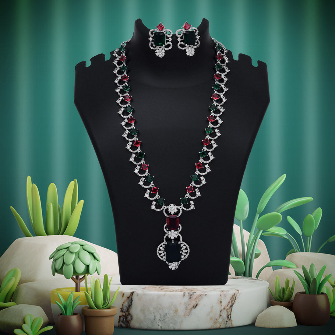 Green & Rani Color American Diamond Necklace Set (CZN1014GRNRNI) - preyans.com