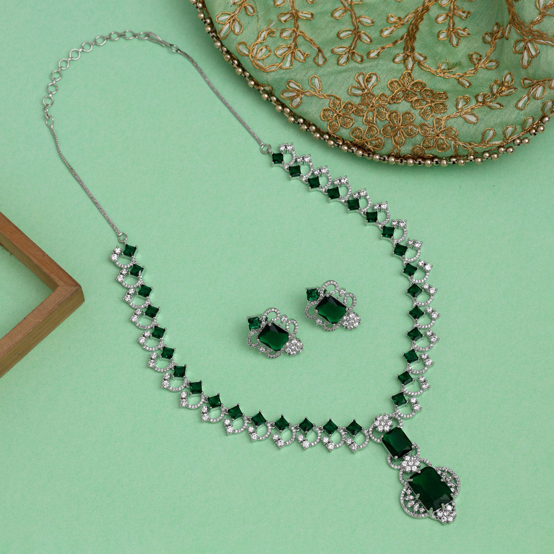 Green Color American Diamond Necklace Set (CZN1014GRN) - preyans.com