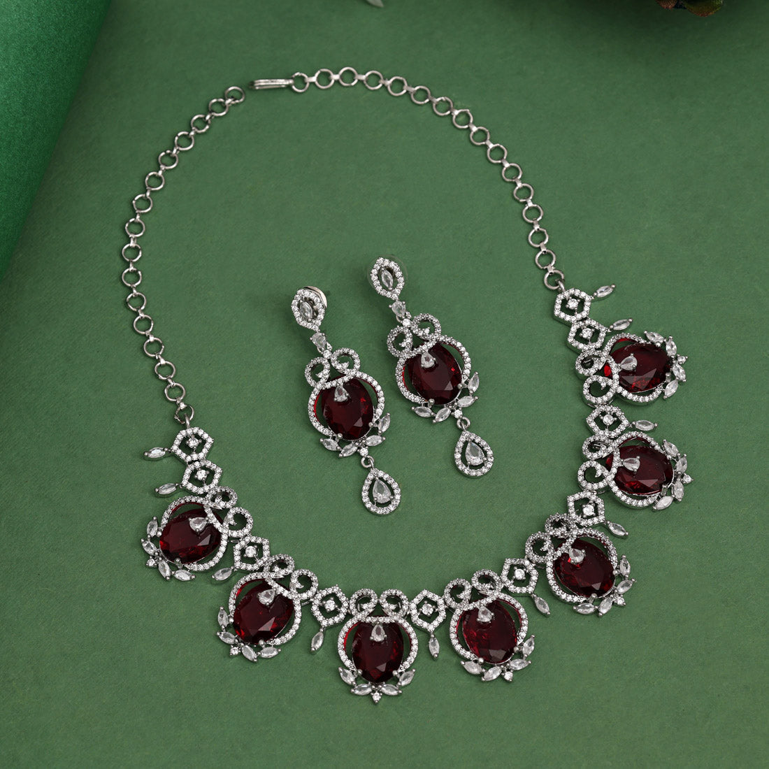 Ruby Color American Diamond Necklace Set (CZN1015RUBY) - preyans.com