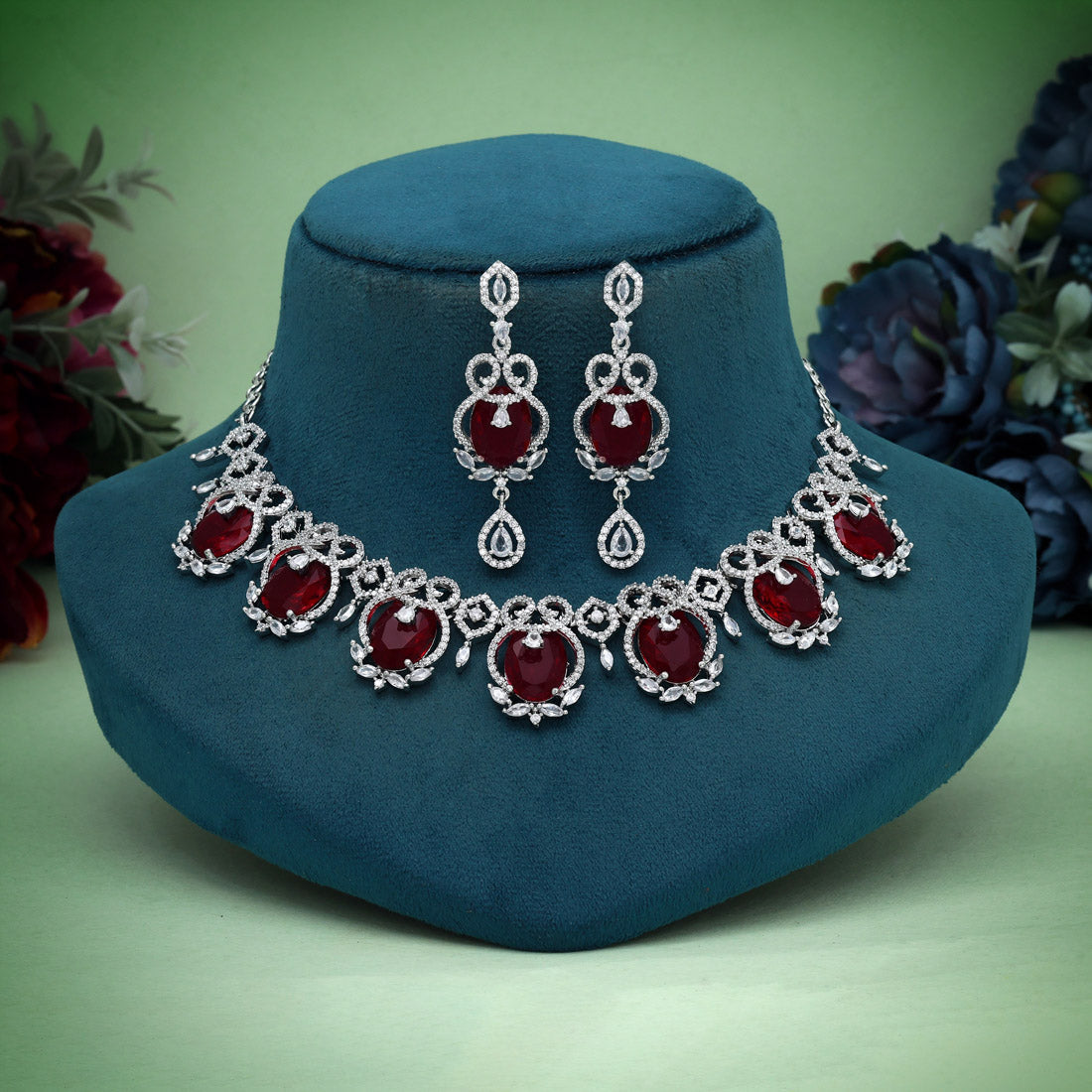 Ruby Color American Diamond Necklace Set (CZN1015RUBY) - preyans.com