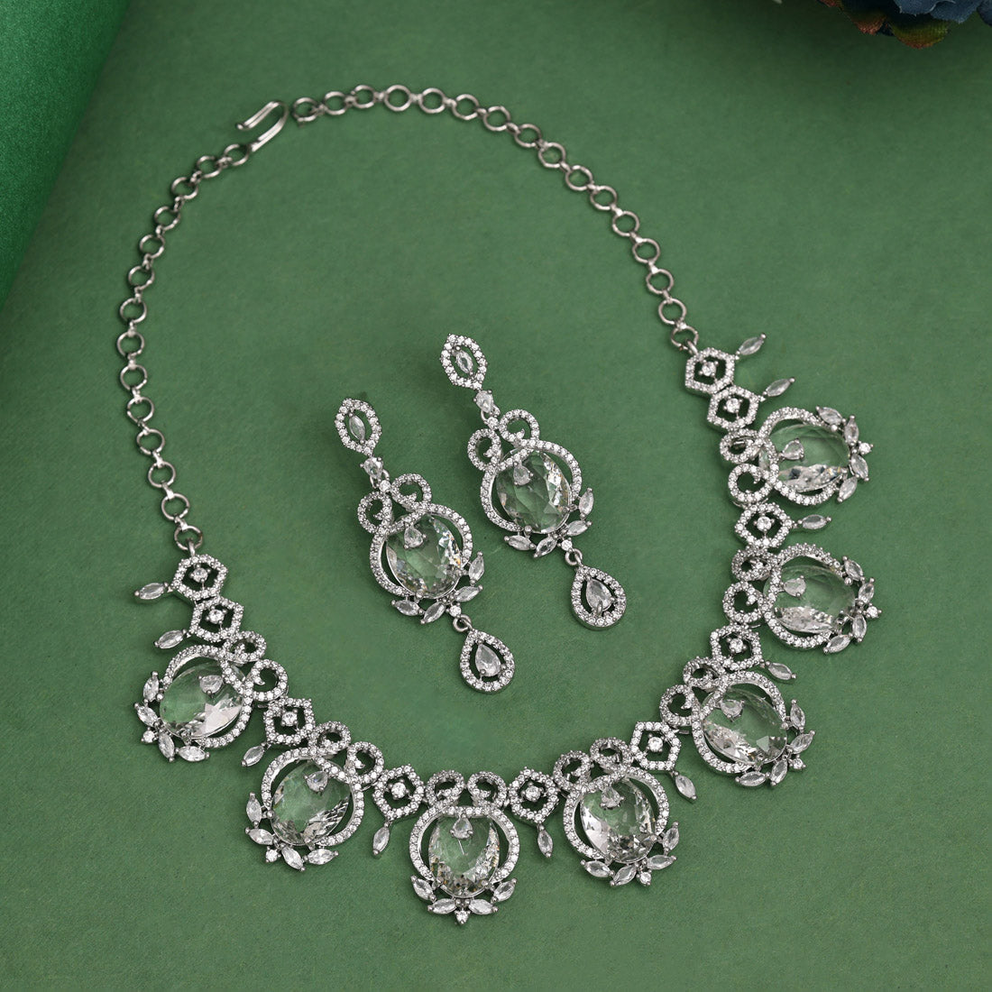 Silver Color American Diamond Necklace Set (CZN1015SLV) - preyans.com