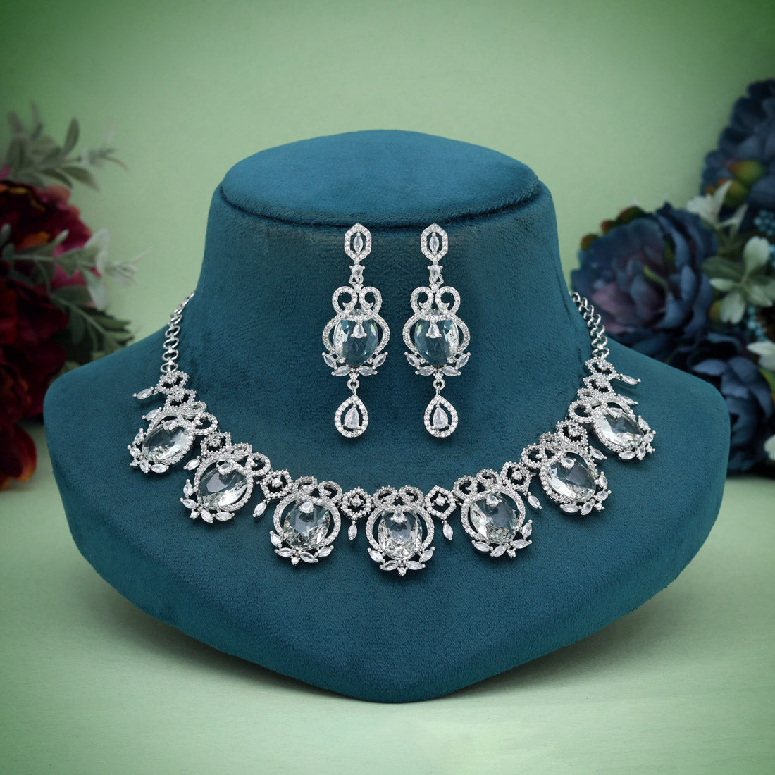 Silver Color American Diamond Necklace Set (CZN1015SLV) - preyans.com